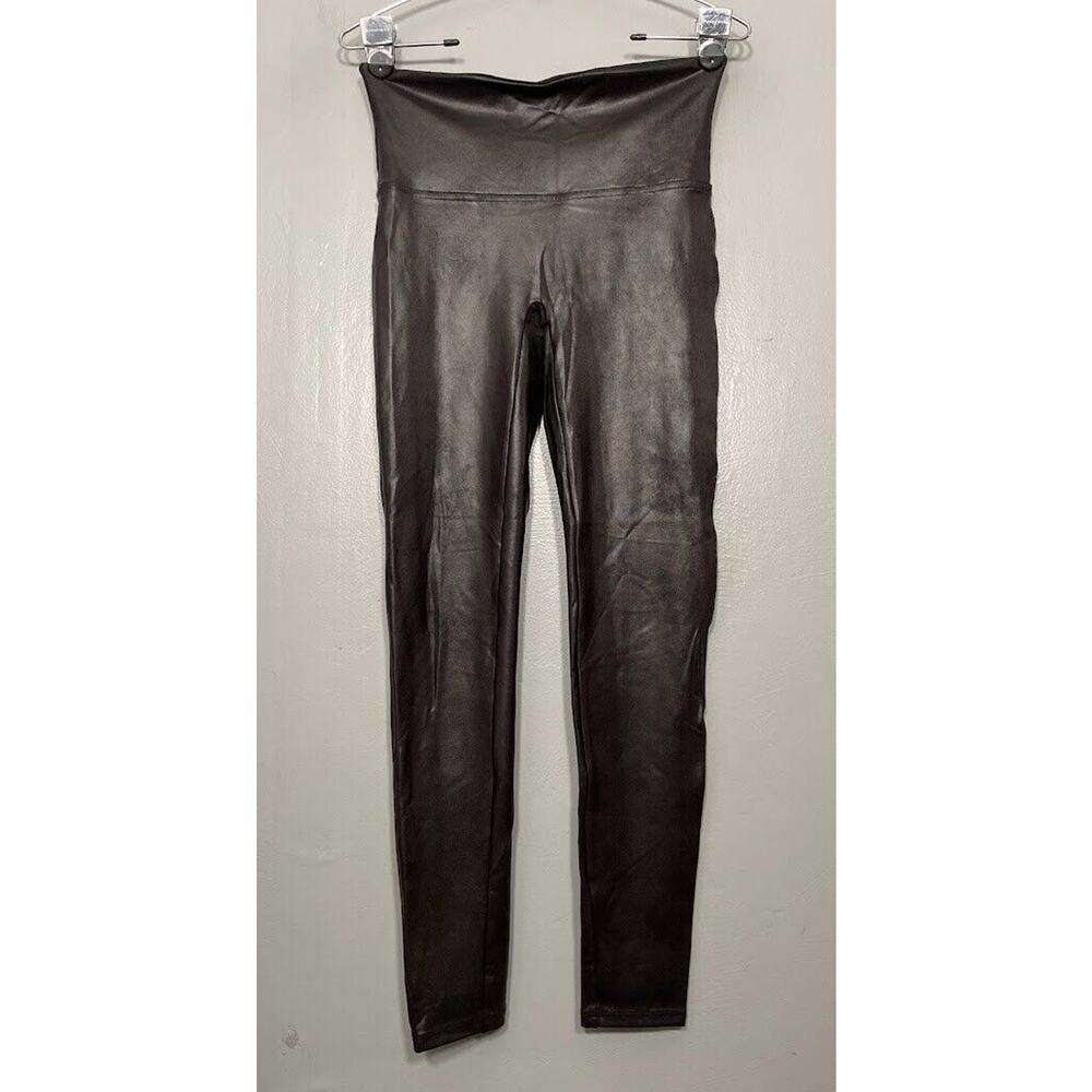 Spanx Size Large Black Faux Leather Leggings Slimming Shaping Ankle Cyber Goth